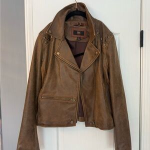 NWOT Frye Womens Jacket Brown Medium Studded Crackle Lamb skin Leather Crop Moto